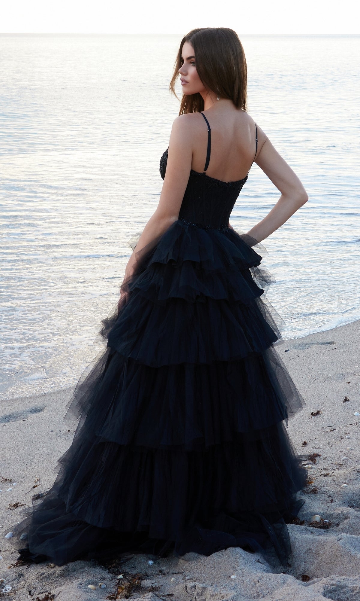 Tiered Ruffle Black Prom Ball Gown: Nox Anabel Y1545