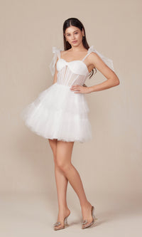 Sheer-Bodice Short White A-Line Party Dress Y858W