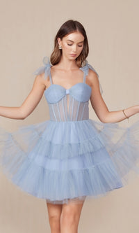 Shoulder-Tie Short Ruffled A-Line Hoco Dress Y858