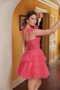 Shoulder-Tie Short Ruffled A-Line Hoco Dress Y858