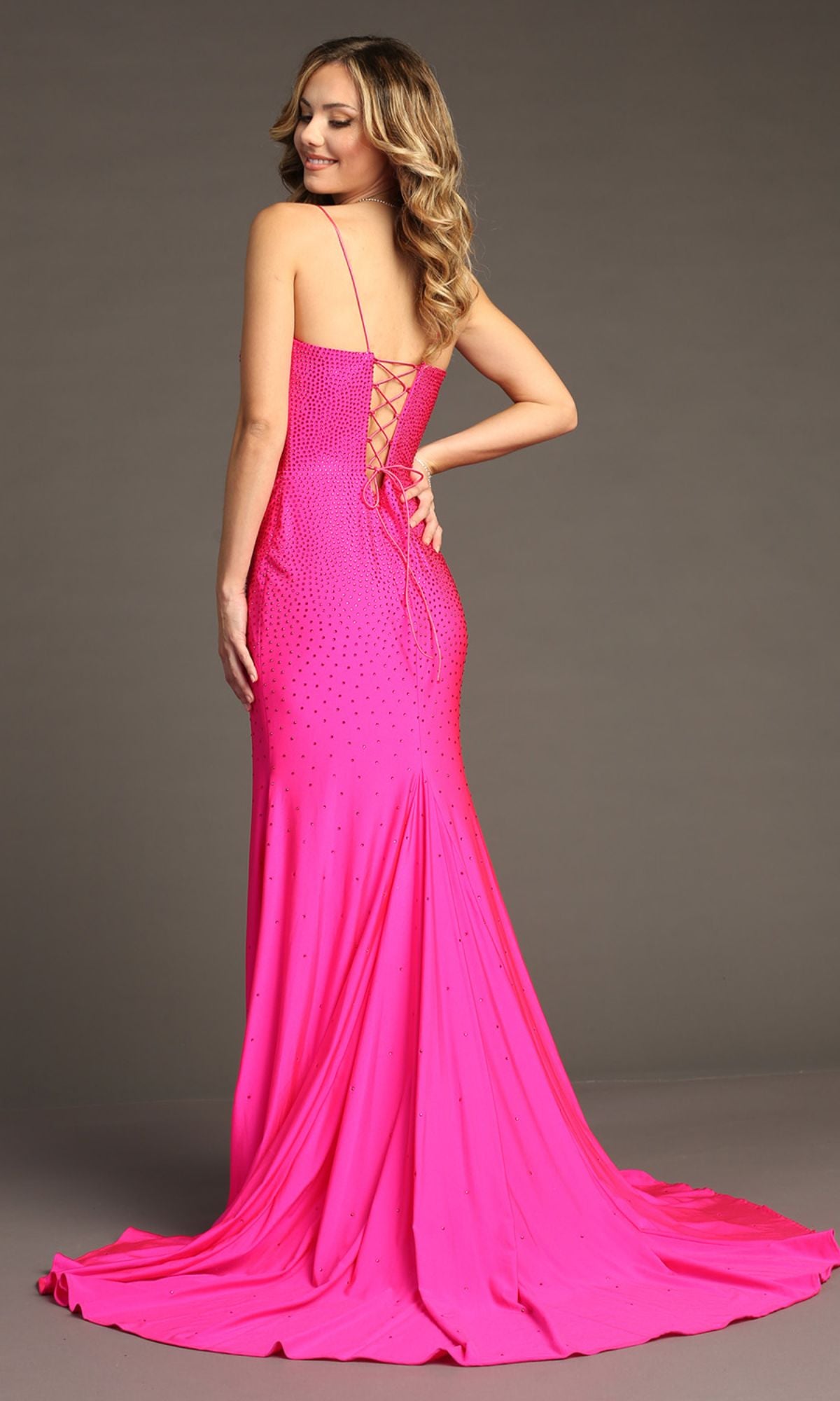 Lace-Up Long Beaded Prom Dress: Chicas YG5026