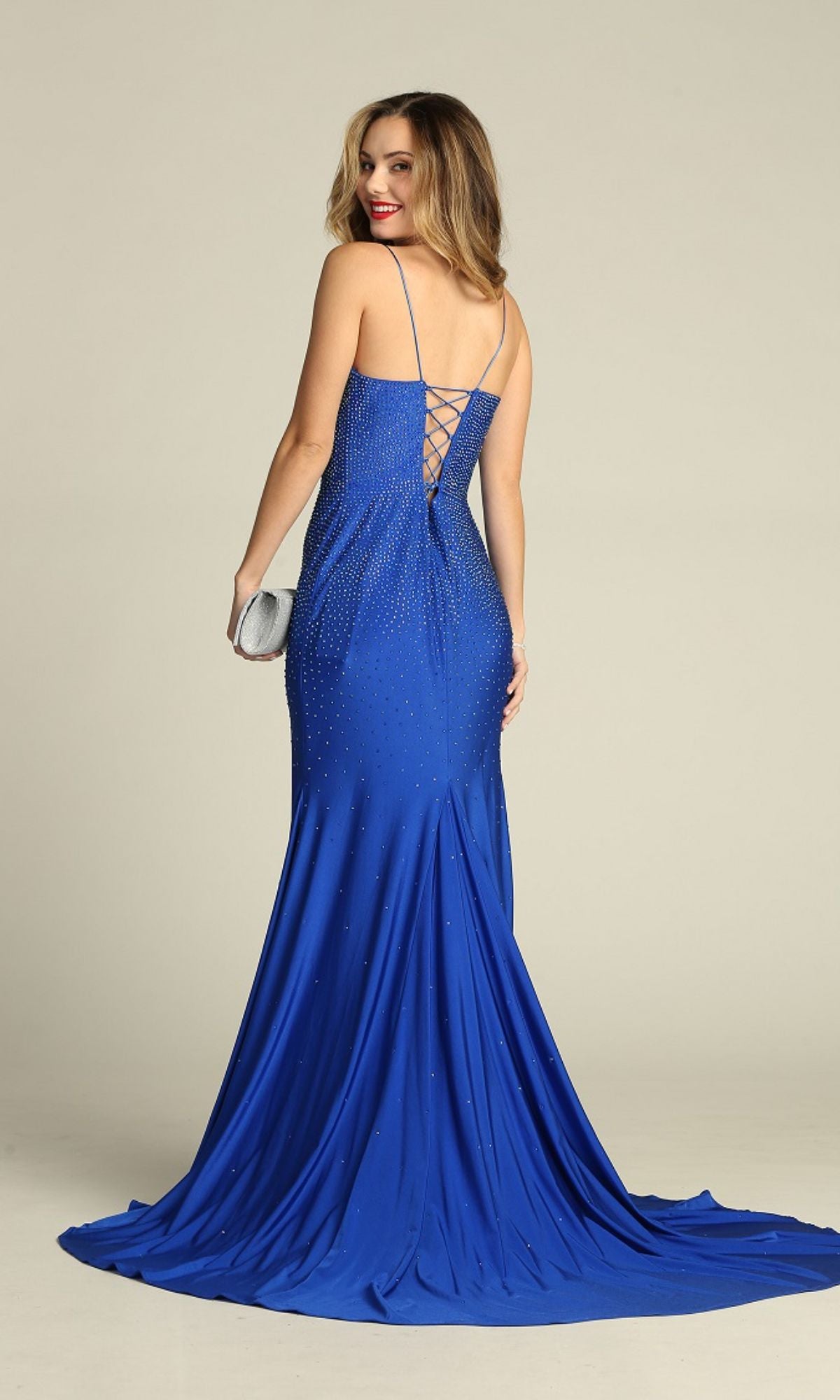 Lace-Up Long Beaded Prom Dress: Chicas YG5026