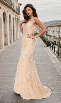 Long Champagne Feather Prom Dress: Chicas YG5036