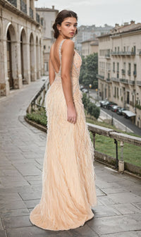 Long Champagne Feather Prom Dress: Chicas YG5036