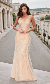 Long Champagne Feather Prom Dress: Chicas YG5036