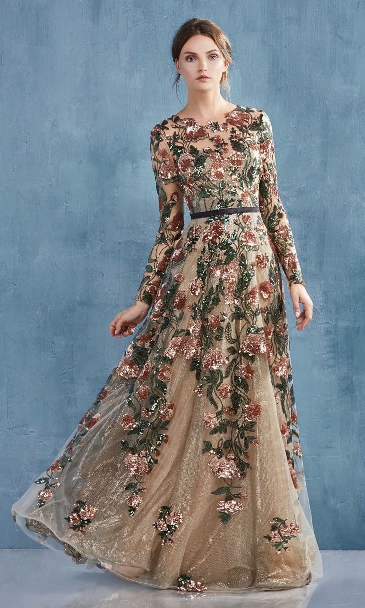 Sequin-Floral Long Sleeve Long Formal Dress - PromGirl