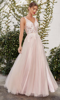 Sheer-Lace Bodice Long Prom Ball Gown A1045