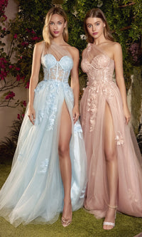 One-Shoulder Sheer-Bodice Long Prom Gown A1053