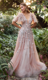 Blush Pink Long Flutter-Sleeve Prom Gown A1176