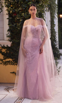 Long Pink Pearlized Formal Dress with Cape