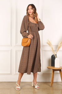 Brown Floral-Print Long Sleeve Tea-Length Dress