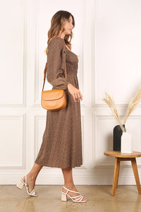 Brown Floral-Print Long Sleeve Tea-Length Dress