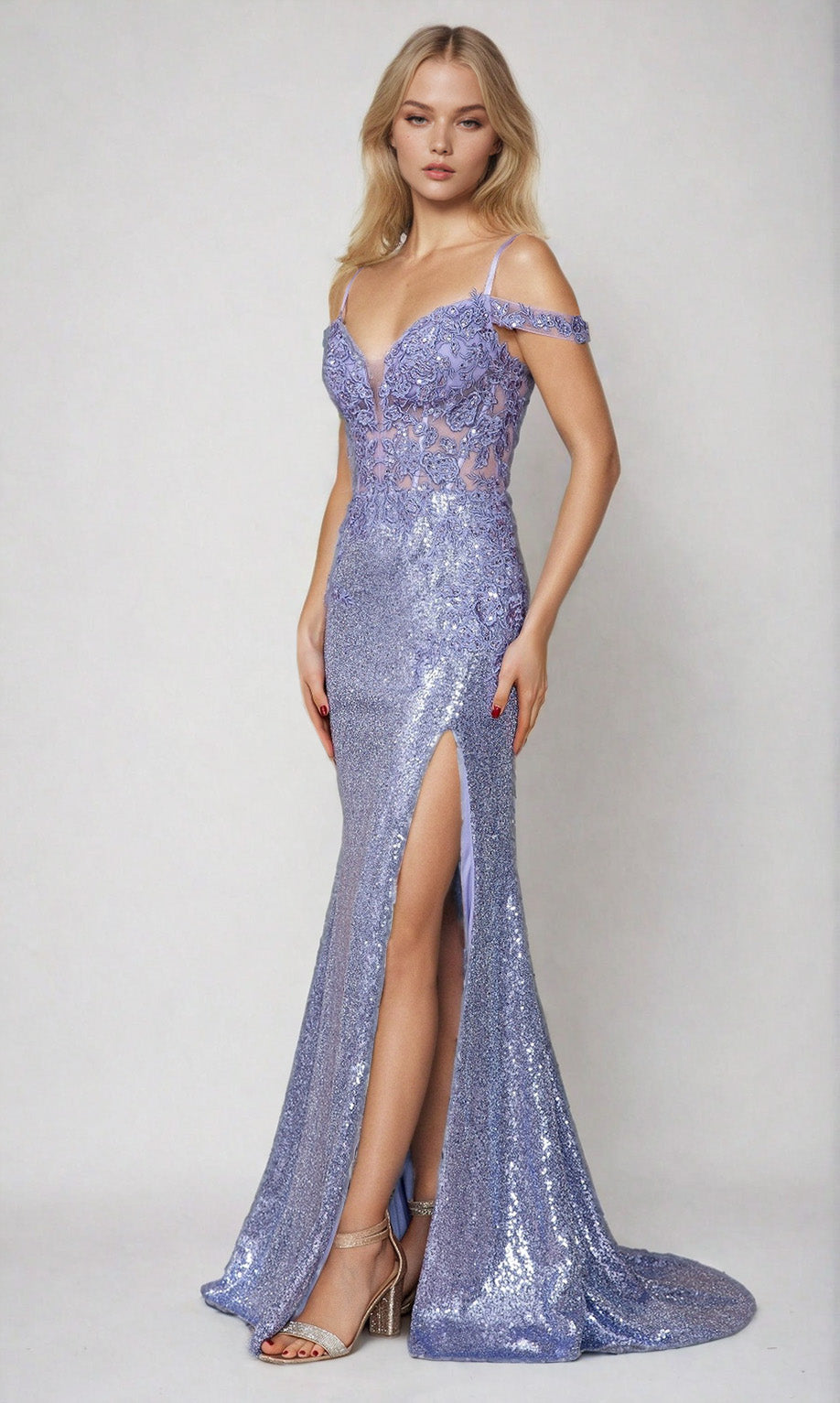 Sheer-Corset Long Sequin Prom Dress: Poly USA 9398