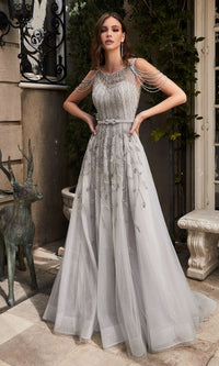 Beaded Long Silver A-Line Prom Dress B710