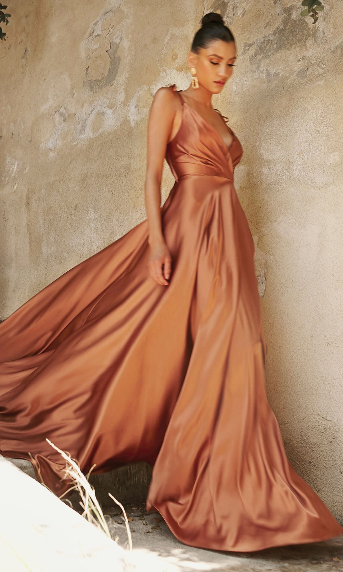 Shoulder-Tie Long Satin V-Neck Prom Dress BD105