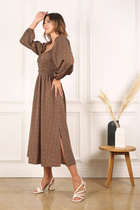 Brown Floral-Print Long Sleeve Tea-Length Dress