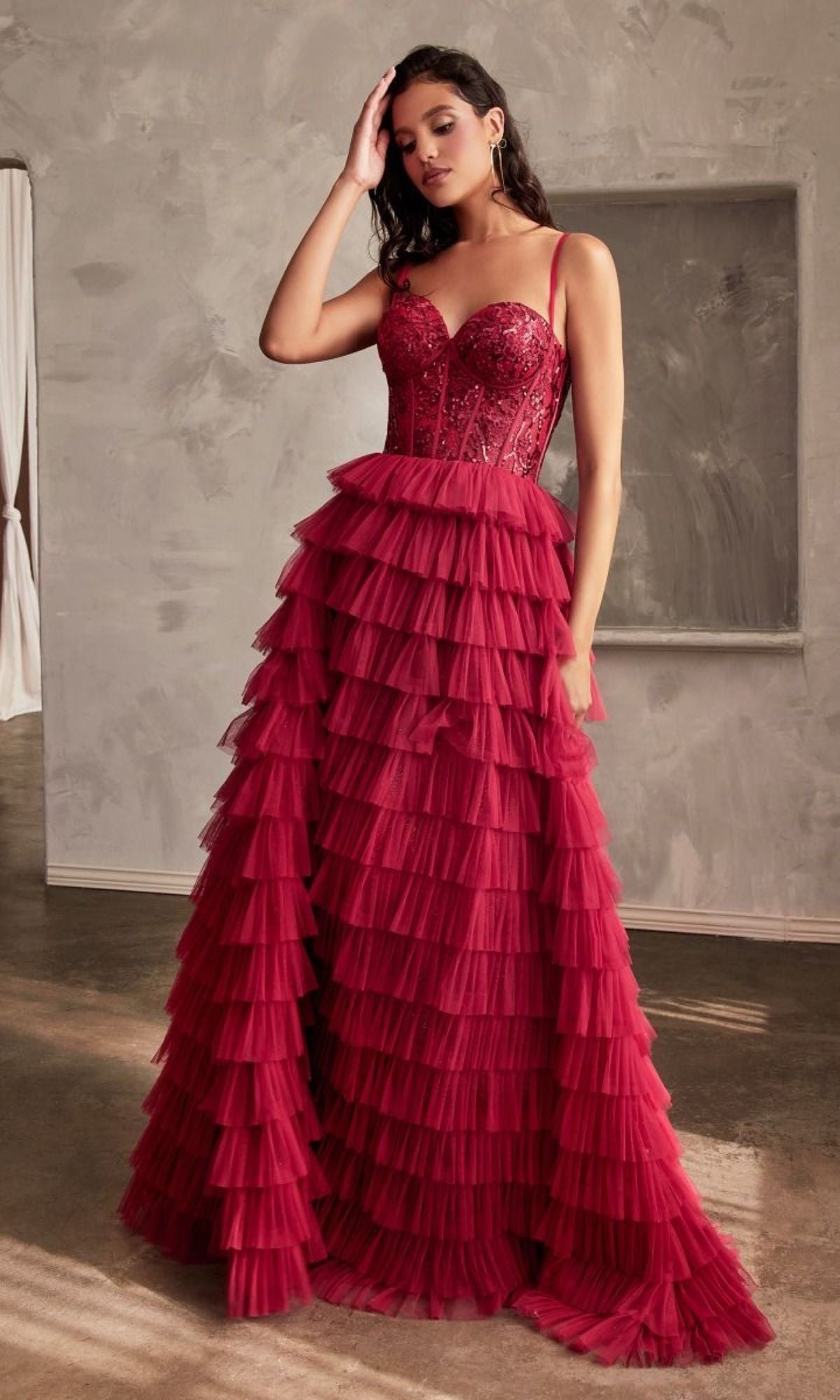 Long Burgundy A-Line Tiered Prom Dress CB143