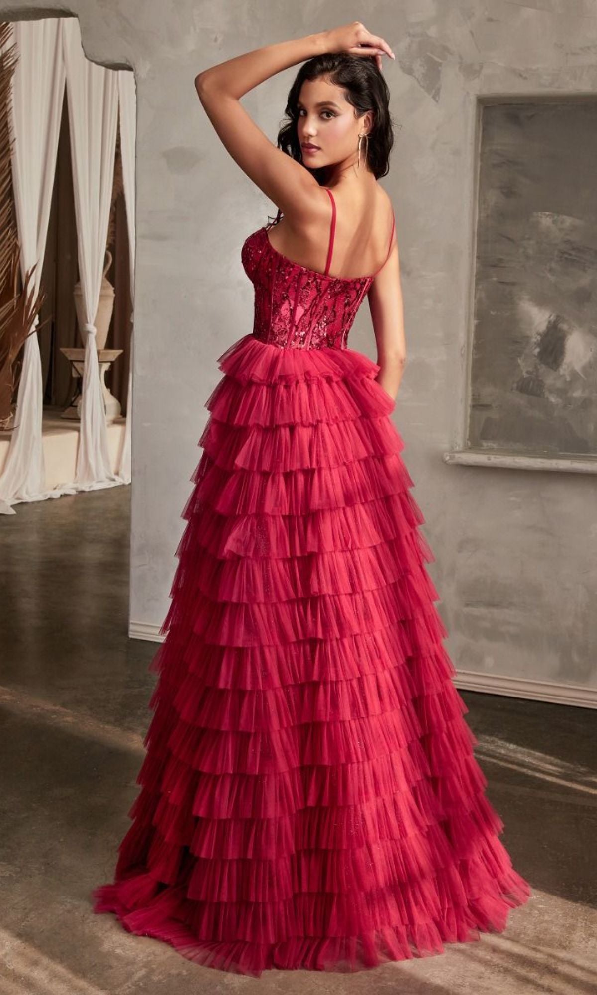 Long Burgundy A-Line Tiered Prom Dress CB143