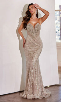 Sheer-Back Strapless Long Beaded Prom Dress CD0216