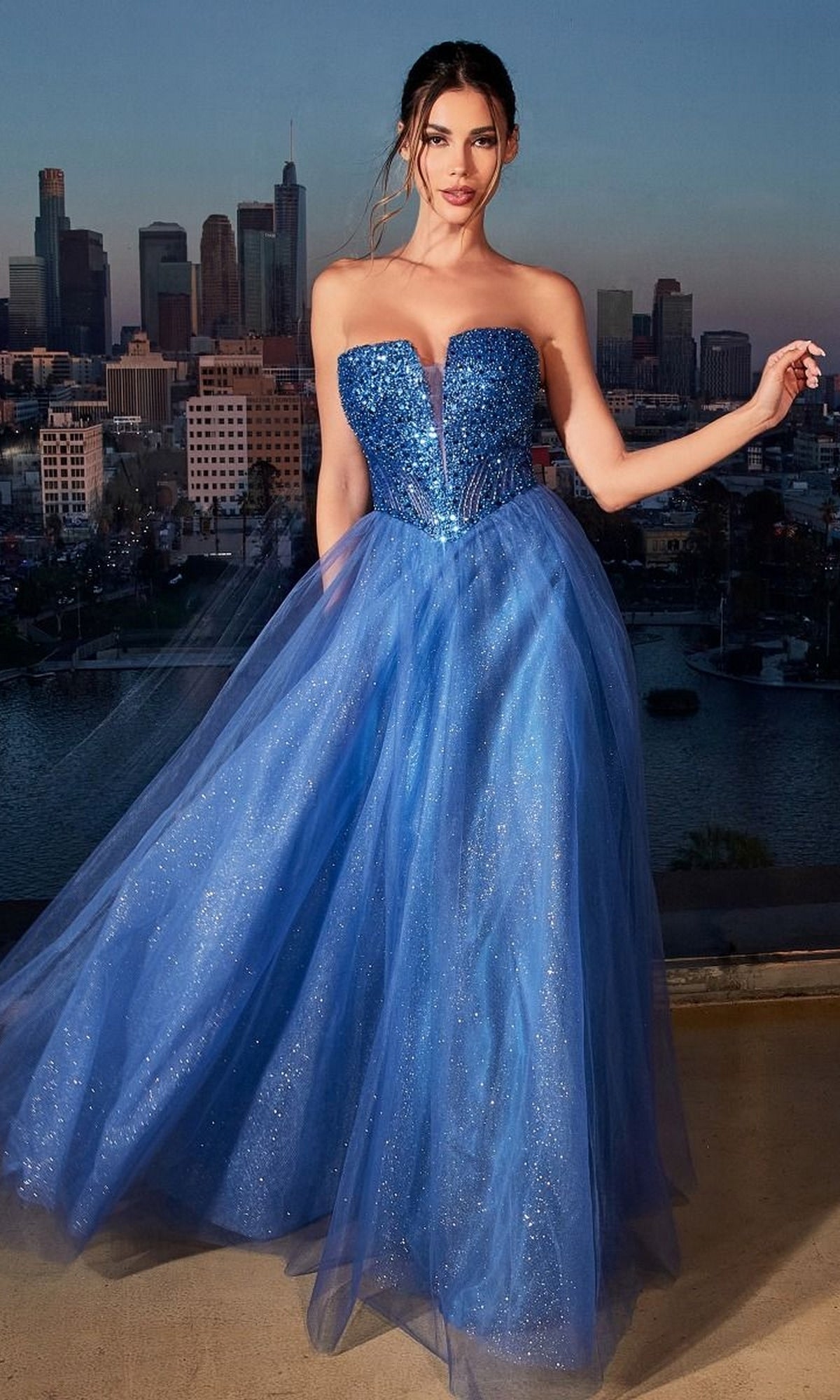 Lace-Up Strapless Long Glitter Prom Dress CD0217