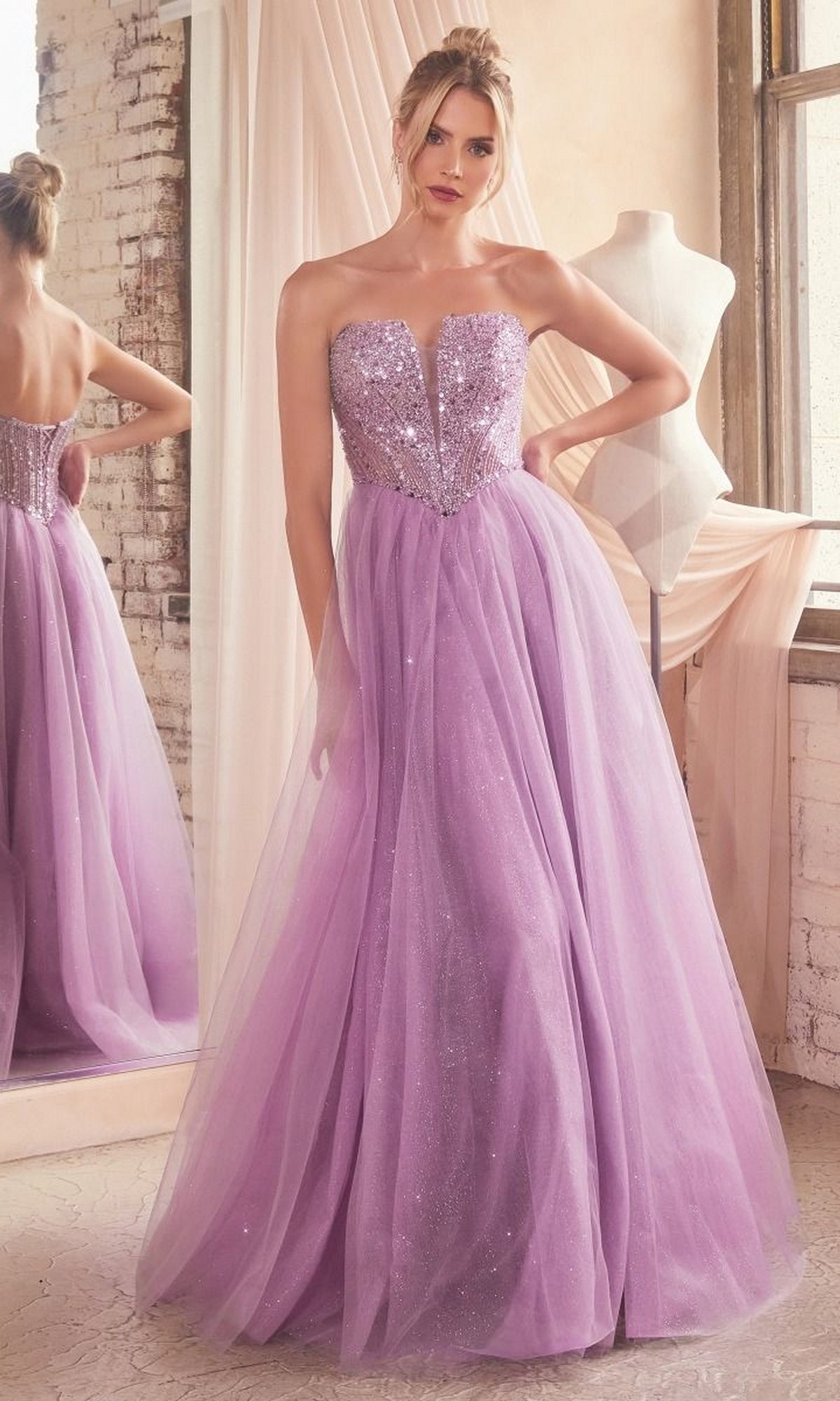 Lace-Up Strapless Long Glitter Prom Dress CD0217