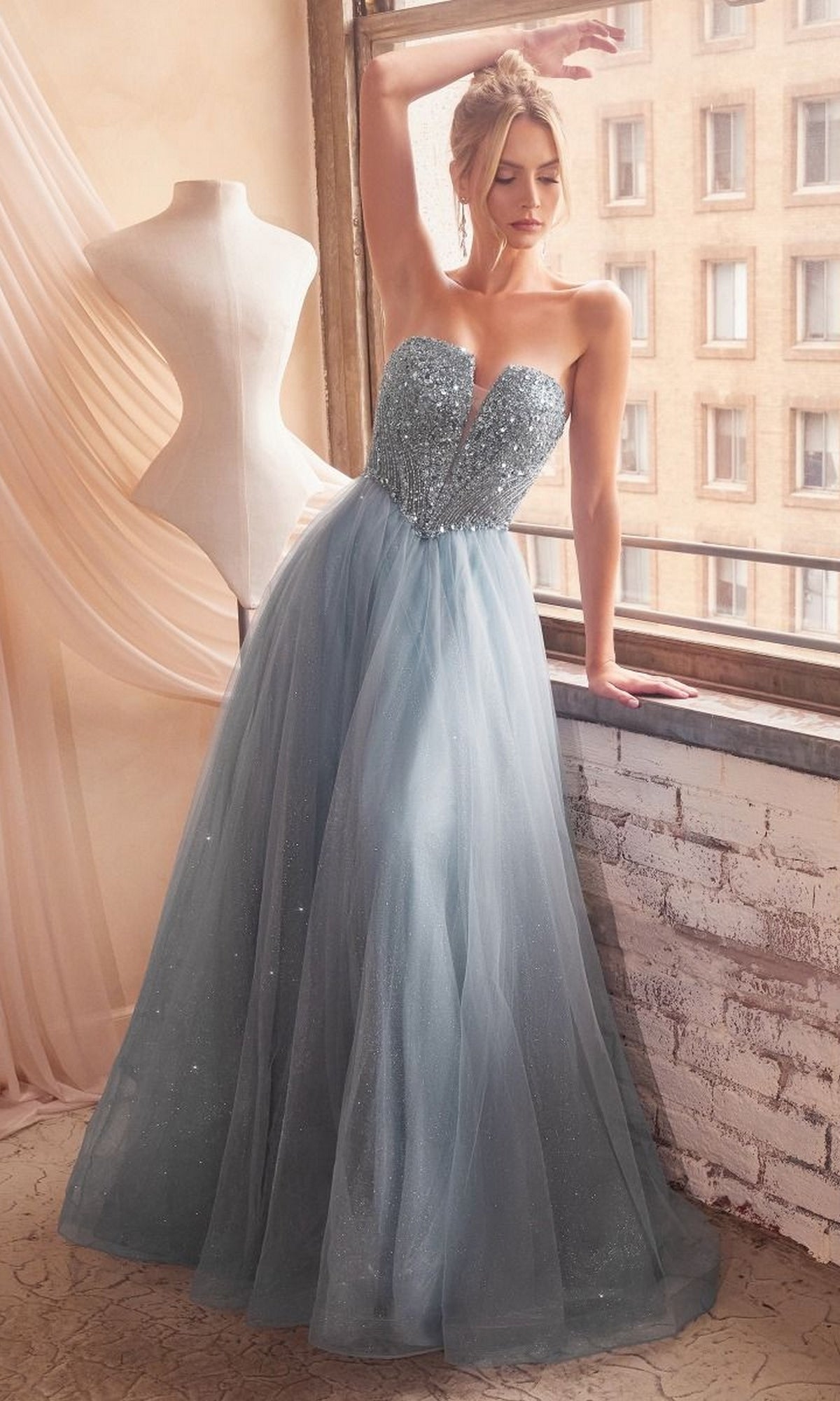 Lace-Up Strapless Long Glitter Prom Dress CD0217