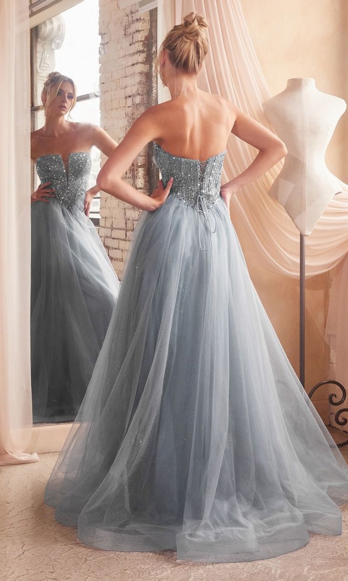 Lace-Up Strapless Long Glitter Prom Dress CD0217