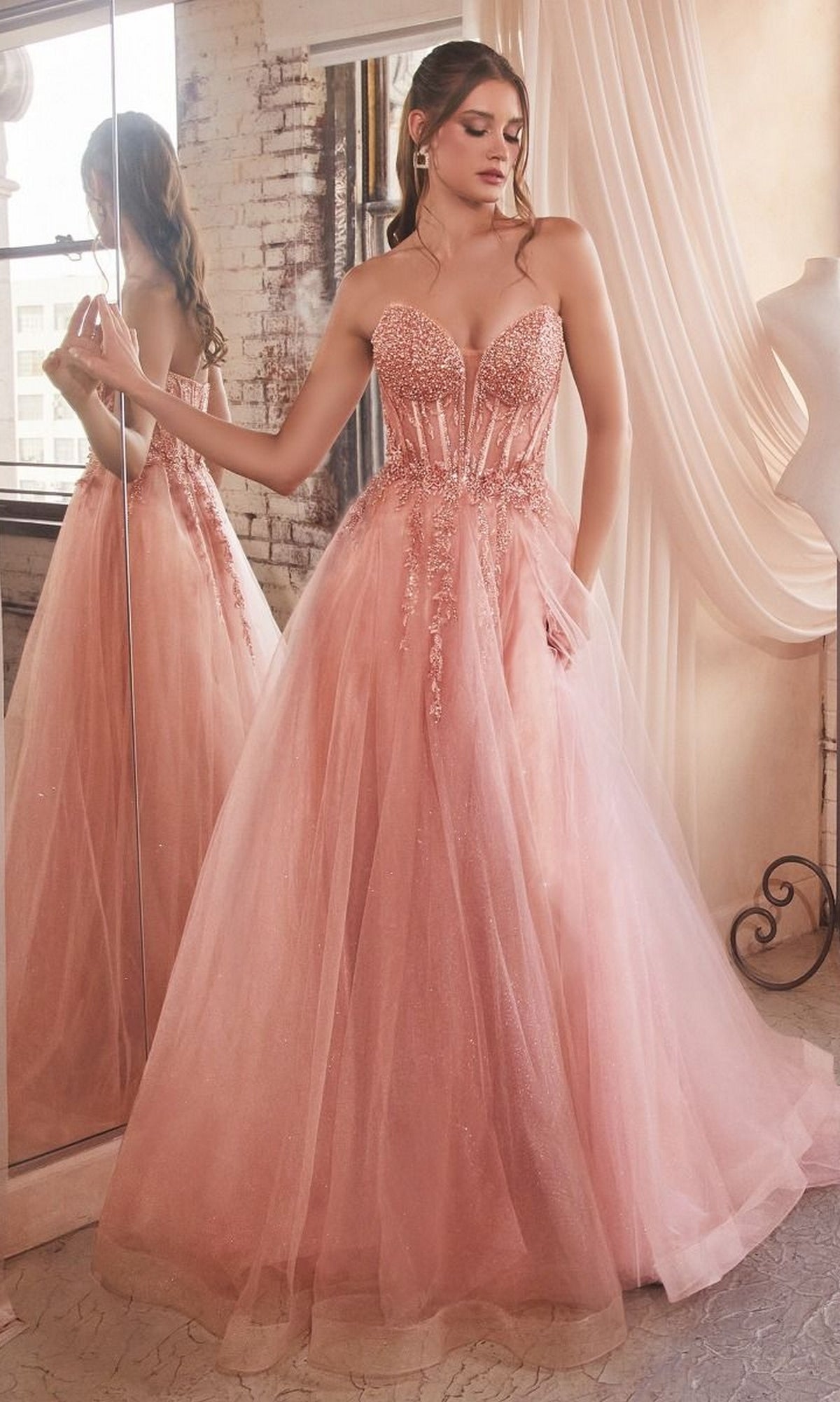 CD C148 - Lace & Tulle A-Line Prom Gown with Sheer Corset Bodice