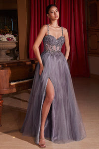 Glitter-Tulle Long Prom Dress: Ladivine CD0234