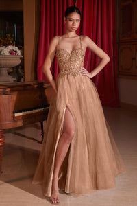 Glitter-Tulle Long Prom Dress: Ladivine CD0234