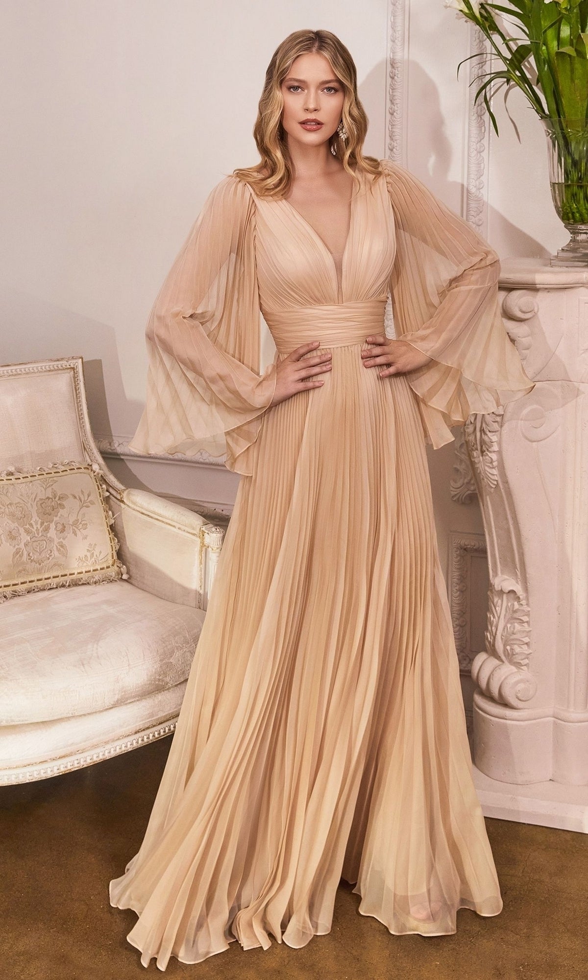 Long Bell-Sleeve Pleated Long Formal Dress CD242