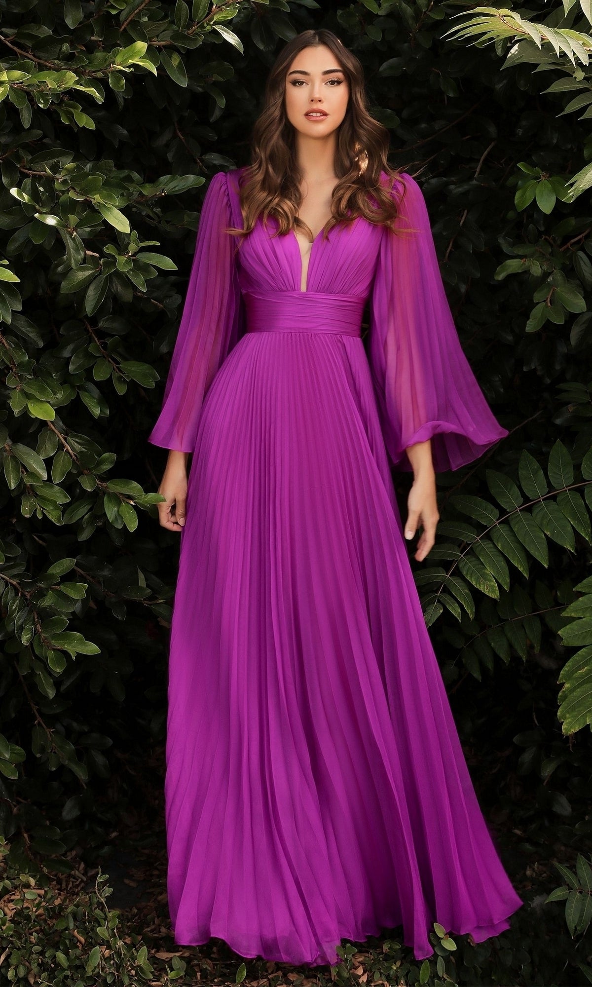 Long Bell-Sleeve Pleated Long Formal Dress CD242