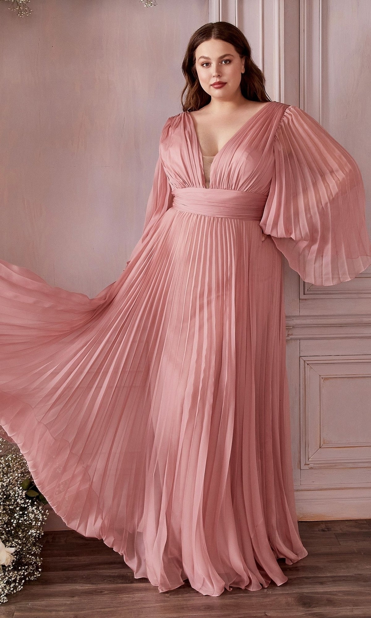 Pleated Long A Line Formal Dress with Bell Sleeves