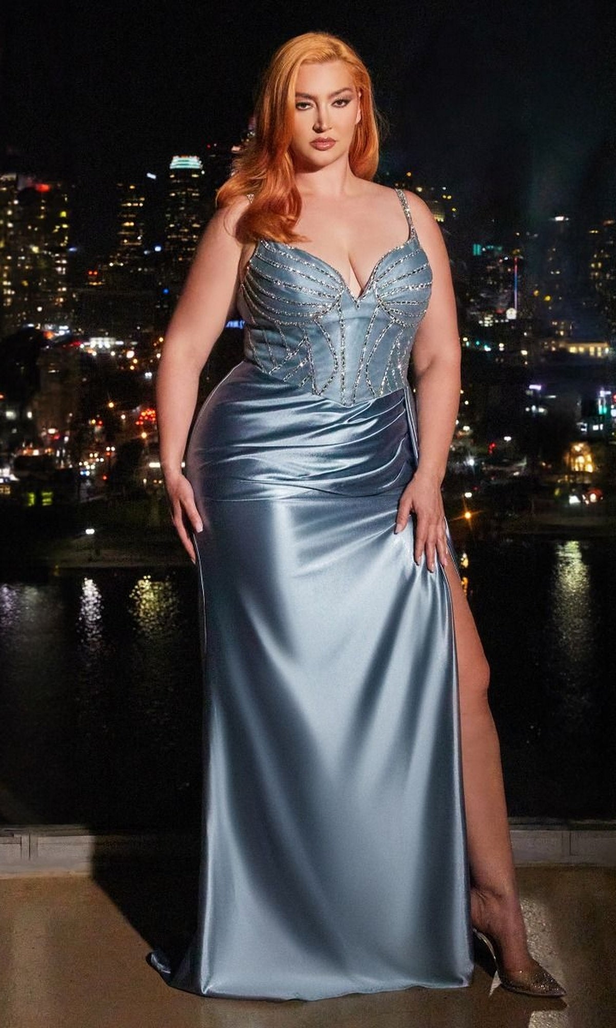 Plus-Size Beaded-Bodice Long Satin Prom Dress