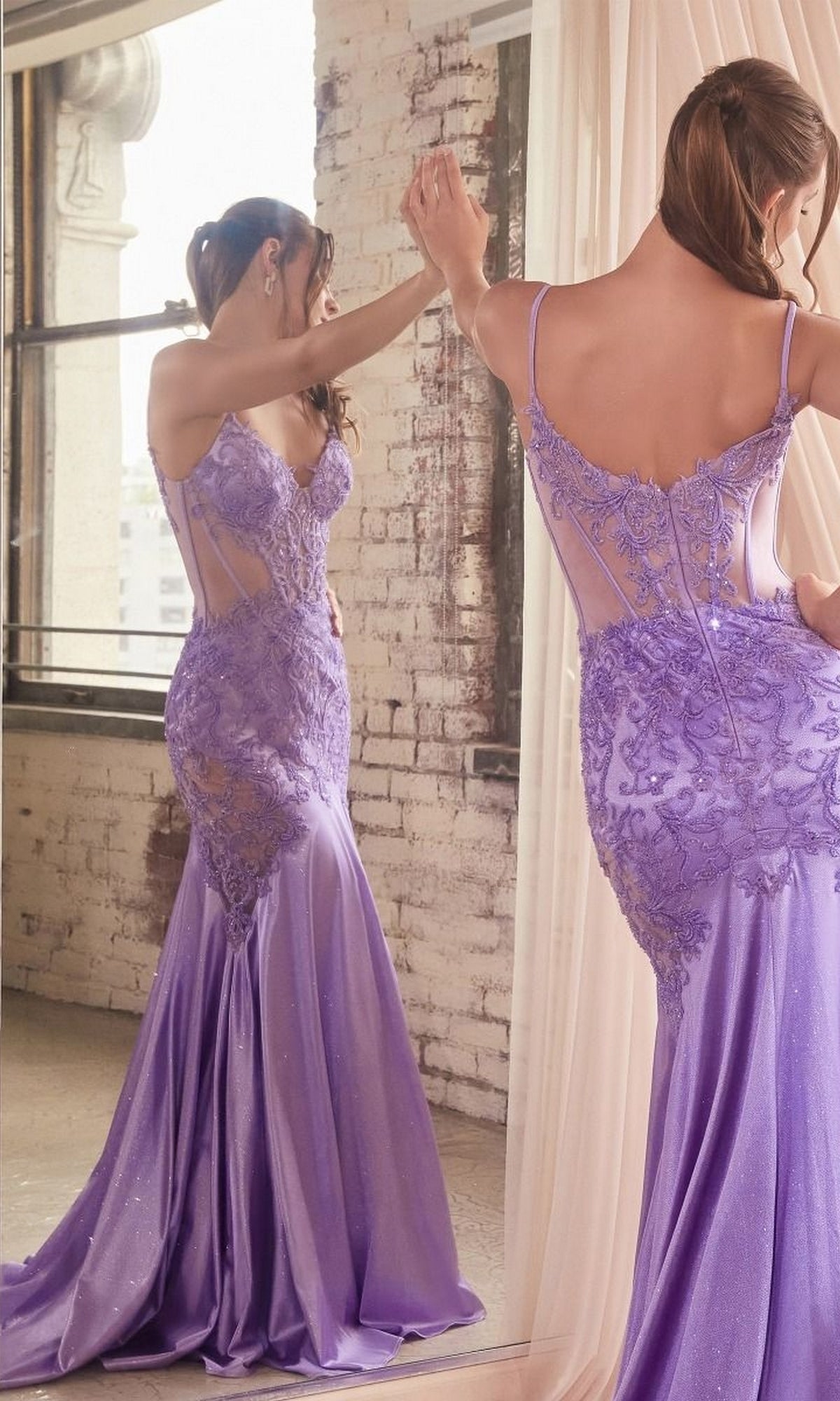 Glitter-Lace Sheer-Bodice Long Prom Dress CDS470