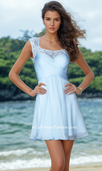 Open-Back Short Homecoming Dress with Cap Sleeves