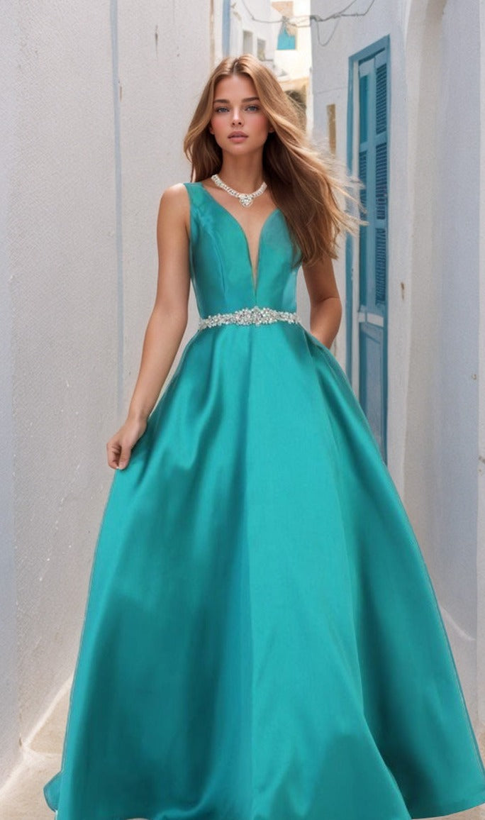 Jeweled-Waist Long Prom Ball Gown: Chicas CC3021