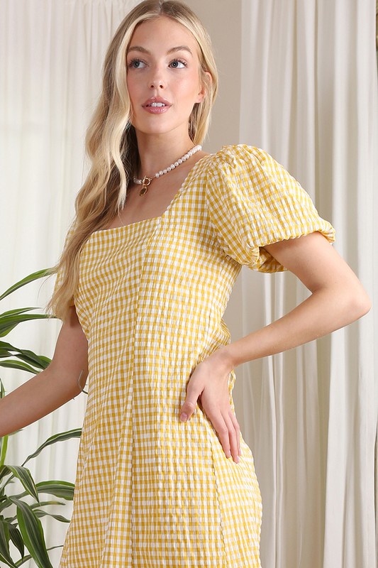 Short Yellow Gingham Short-Sleeve Casual Dress