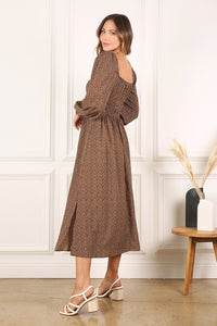 Brown Floral-Print Long Sleeve Tea-Length Dress