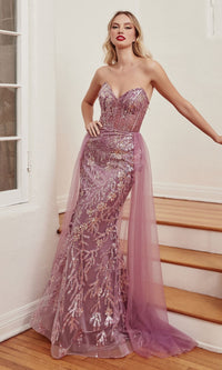 Sheer-Overskirt Strapless Beaded Prom Dress J845