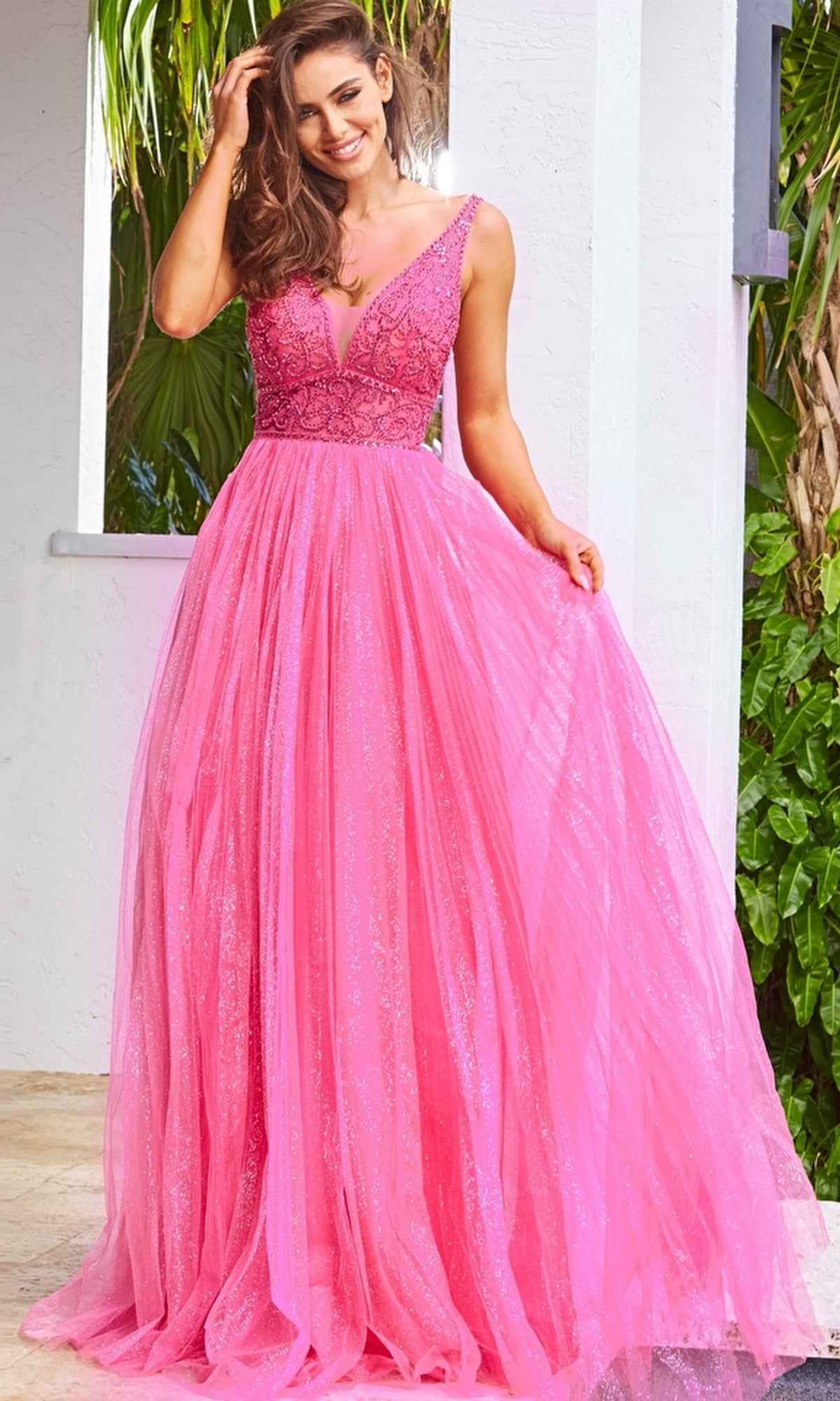 Glitter-Pleated Long A-Line Prom Dress JVN05818