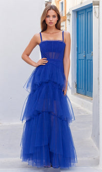 Betsy and Adam Long Ruffled Prom Dress A24201