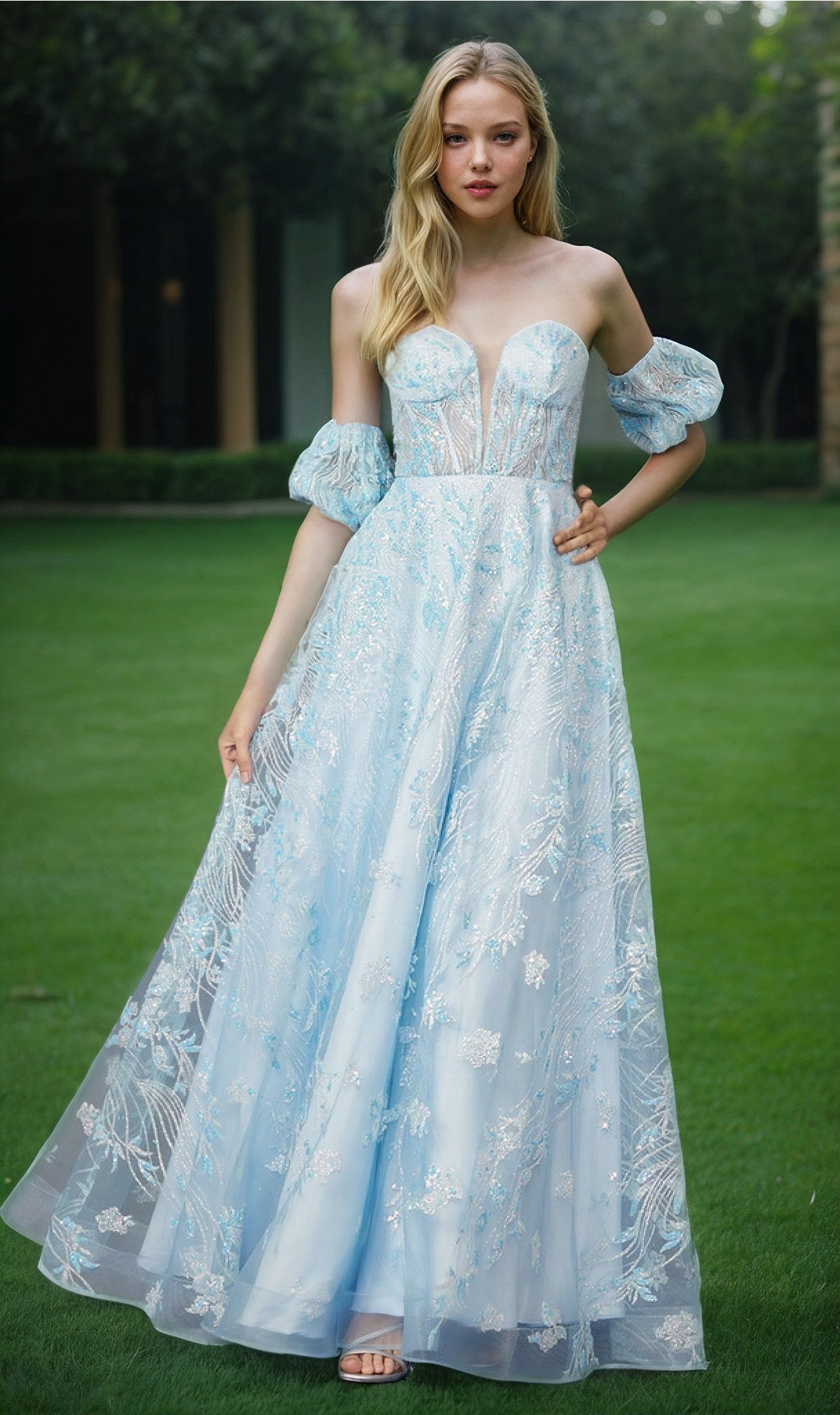 Puff-Sleeve Strapless Long Glitter Prom Dress 2404