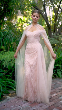 Long Pink Pearlized Formal Dress with Cape