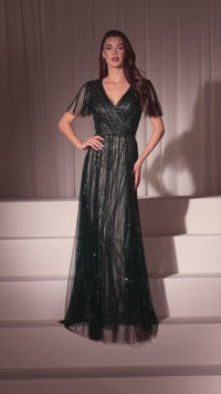 Flutter-Sleeve Long Prom Dress: Ladivine CD0241