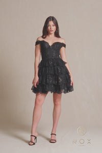 Short Ruffled Lace Hoco Dress: Nox Anabel R877