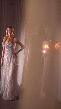 Cap-Sleeve Long Beaded Prom Dress: Ladivine CD0238