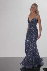 Jovani V-Back Long Sequin-Print Prom Dress 23839