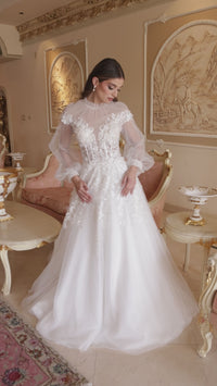 Sheer-Sleeve White Wedding Dress A1074W