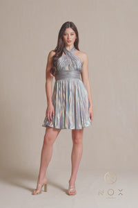 Short Metallic Cut-Out Halter Hoco Dress K822